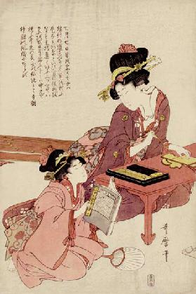 A Young Woman Seated At A Desk Writing, A Girl With A Book Looks On