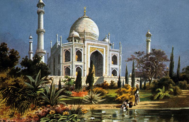 The Taj Mahal in Agra marble mausoleum built in 1632 - 1644 by moghul emperor Shah Jahan for his dea de 