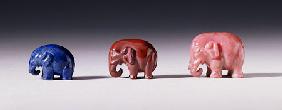 Three Miniature Elephant Figures Carved From Lapis Lazuli, Jasper And Rhodonite