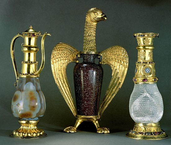 Three liturgical vessels incorporating antique vessels of sardonyx, porphyry and crystal set in 12th de 