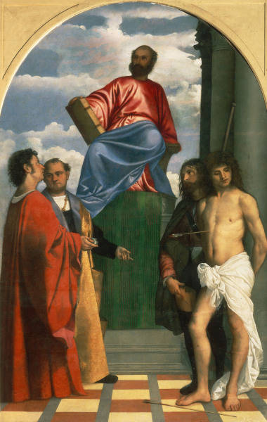 Titian, orig.Tiziano Vecelli(o) c. 1488/90-1576. ''St.Mark on the Throne with Saints Cosmas, Damian, de 