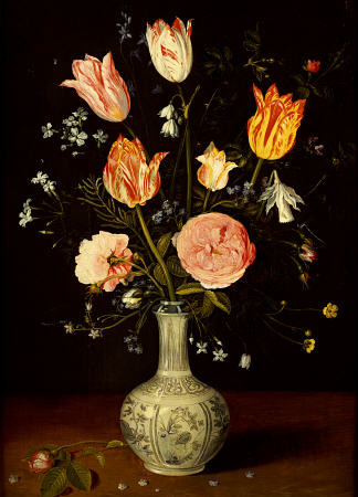 Tulips, Roses,  Forget-Me-Nots And Other Flowers In A Late Ming Blue And White Vase de 