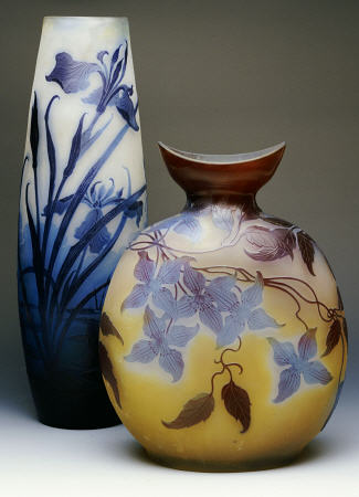 Two Galle Double-Overlay Acid-Etched Vases de 