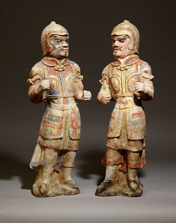 Two Very Rare Gilt And Polychrome Painted Pottery Figures Of Warriors de 