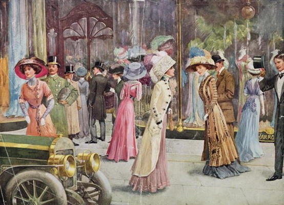 The Exterior of Harrod's Department Store, Fashion Plate, 1909 (chromolitho) de 