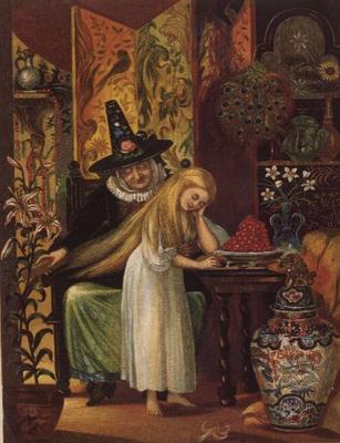 The Old Witch combing Gerda's hair with a golden comb to cause her to forget her friend, in The Snow de 