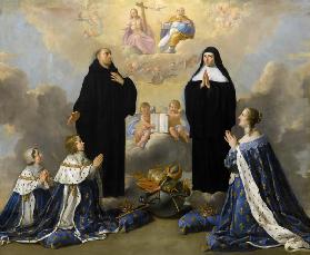 Anna of Austria with her children, praying to the Holy Trinity with Saints Benedict and Scholastica