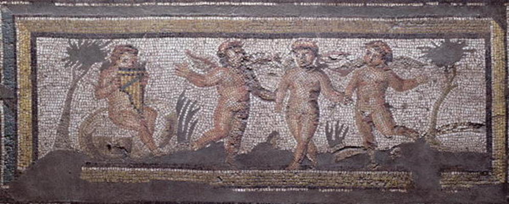 Three dancing putti accompanied by one playing the pan pipes, border detail from a mosaic pavement d de 