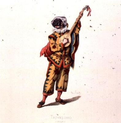 Trivelino, Character from the Commedia dell'Arte, by Sand, 19th century (coloured engraving) (see al de 