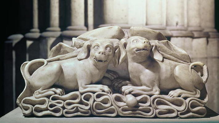 Two dogs seated on folds of a tomb, 12th century (marble) de 