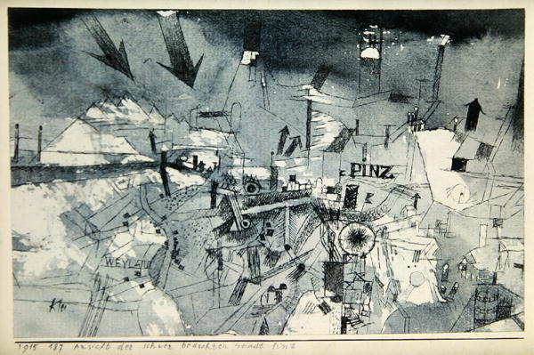 View of the severely threatened city of Pintz, 1915 (no 187) (pen and w/c on paper on cardboard)  de 