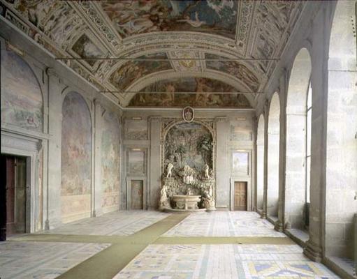 View of the 'Sala d'Ercole' (Hall of Hercules) on the piano nobile, with a fountain at the far end ( de 