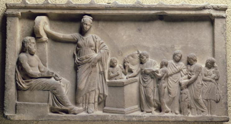 Votive relief depicting a family sacrificing a bull to Asclepius, the god of health and his daughter de 