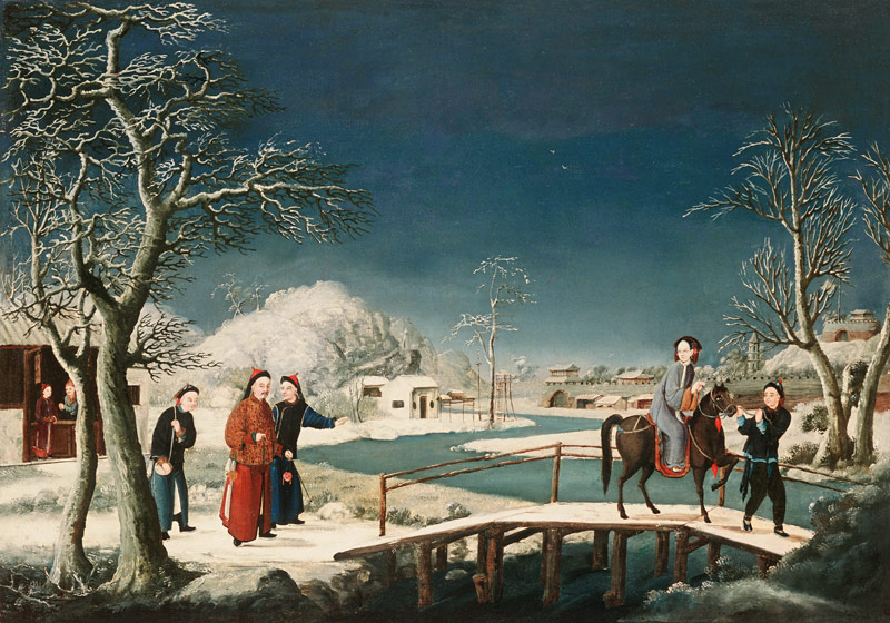 Winter: A Frozen River Landscape With A Lady On A Horse Crossing A Bridge de 