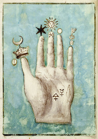 Watercolour Drawing Of A Hand With Alchemical Symbols Against The Fingers de 