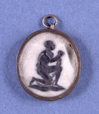 Wedgwood Jasper Medallion mounted in an oval pendant, depicting a slave and the inscription 'Am I No de 