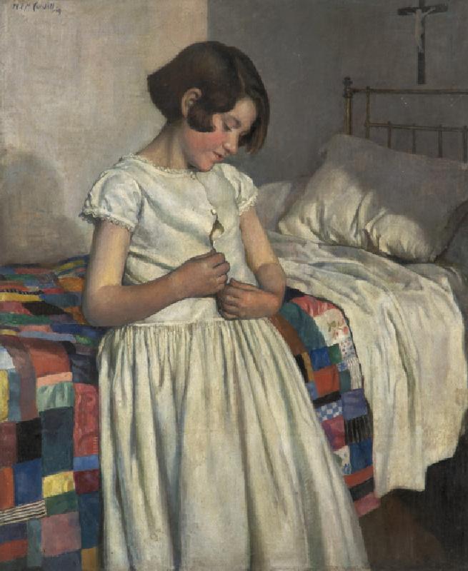 The Patchwork Quilt, 1919 (oil on card) de Nora Lucy Mowbray Cundell