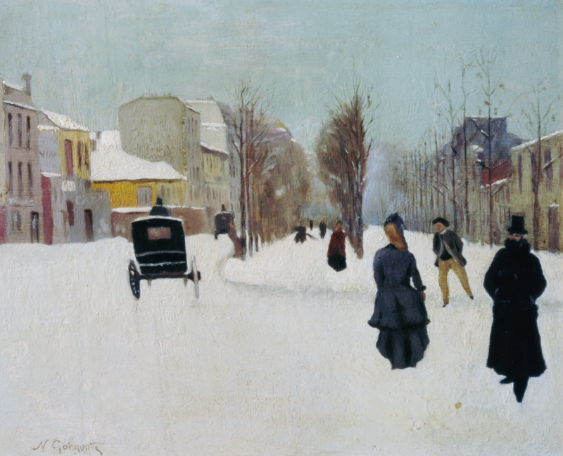 French street scene with snow (oil on metal) de Norbert Goeneutte