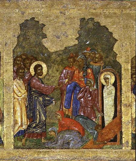 The Raising of Lazarus, Russian icon from the iconostasis in the Cathedral of St. Sophia de Novgorod School