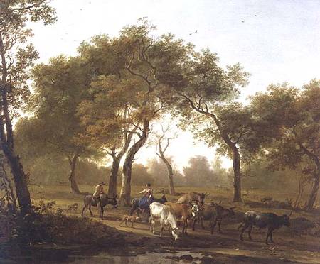 Two peasants with a herd of cattle on a wooded path leading to a lake de N.P. Both