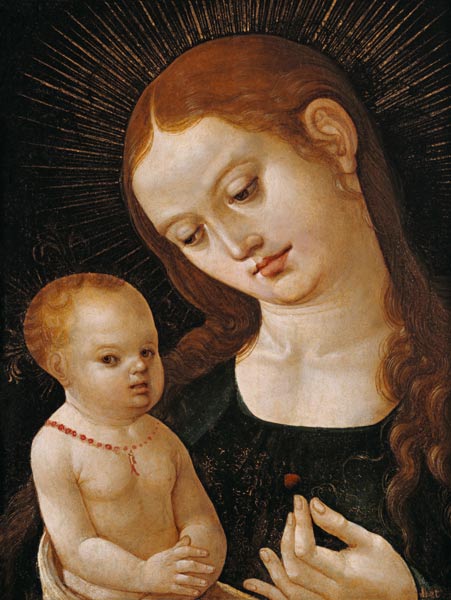 Maria, a strawberry handing to the Jesuskind. de Oberdeutsch