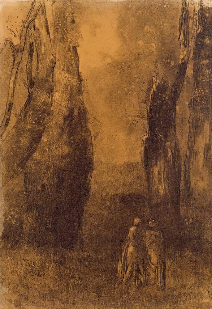 Lovers in a rocky landscape (charcoal) de Odilon Redon