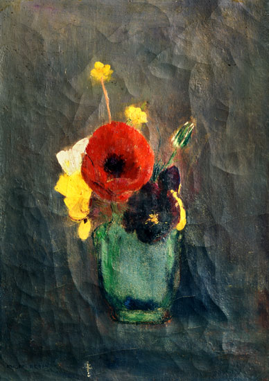 Blumenstrauss with poppies in a green vase de Odilon Redon