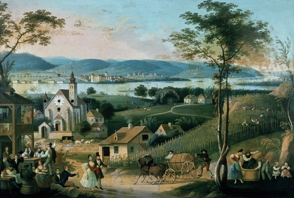 Look of a Viennese Heurigen suburb over the Danube with Vintage and Drink Scene de Österreichischer Maler