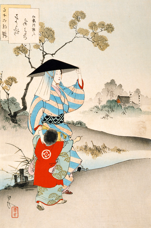 Woman and child (colour print) de Ogata Gekko