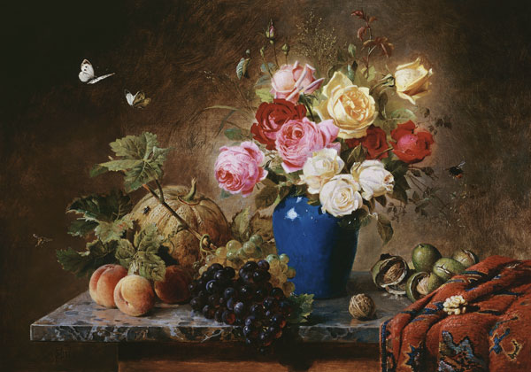 Rosenstrauß, Pfirsiche, Walnüsse und Weintrauben auf einer Marmorplatte de Olaf August Hermansen