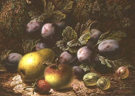 Still Life with Plums, Gooseberries, Apple, Pear and Strawberry de Oliver Clare