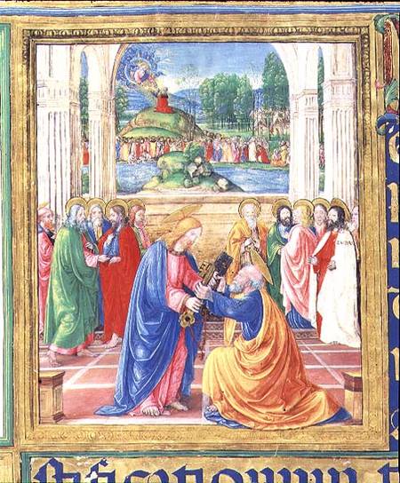 Ms 542 f.3v Christ giving the keys to St. Peter, in the background God delivers the Tablets of the L de or di Giovanni Monte del Fora