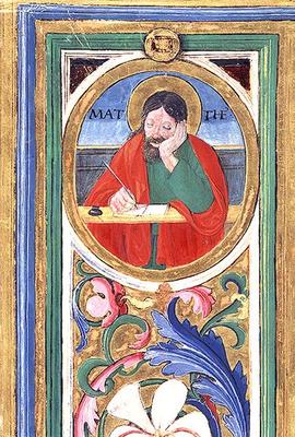Ms 542 f.3v St. Matthew writing the first gospel from a psalter written by Don Appiano from the Chur de or di Giovanni Monte del Fora