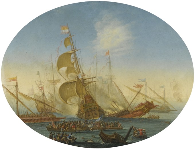 A naval battle between Turks and Christians de Orazio Grevenbroeck