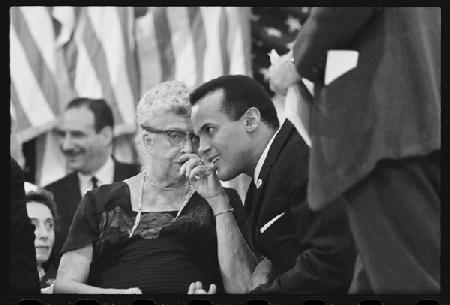 Eleanor Roosevelt with Harry Belafonte at an election rally