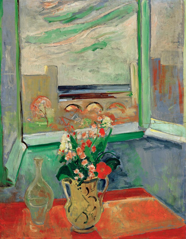 Levanto I: Bouquet at the window with bridge de Oskar Moll