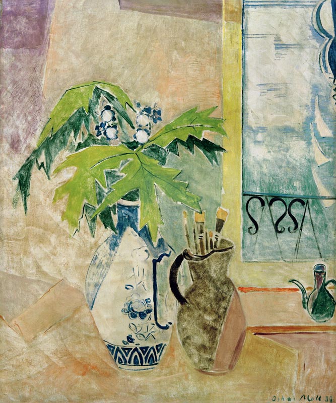 Vase mit Zweigen und Krug mit Pinseln de Oskar Moll