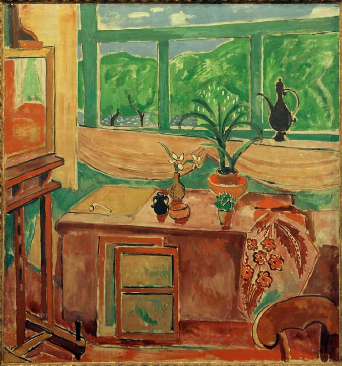 Studio still-life with iris and many– paned window de Oskar Moll