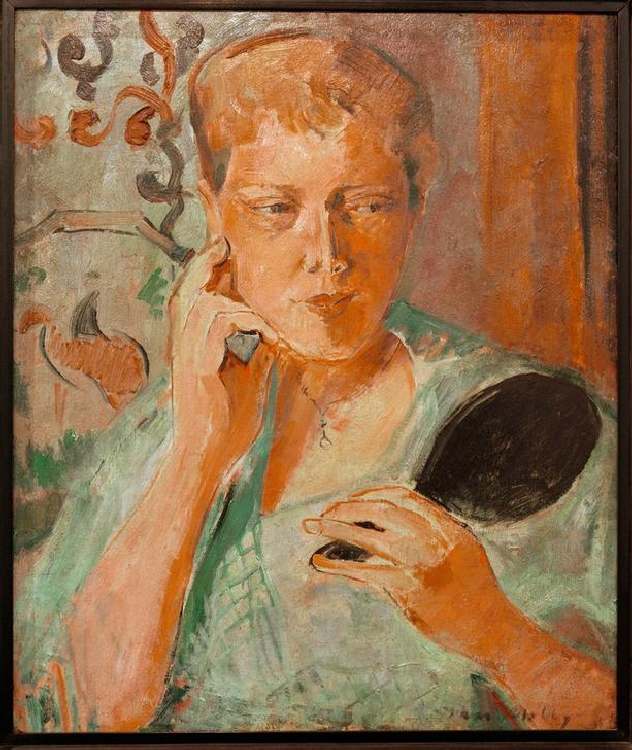 Portrait Margarethe with black hand mirror de Oskar Moll