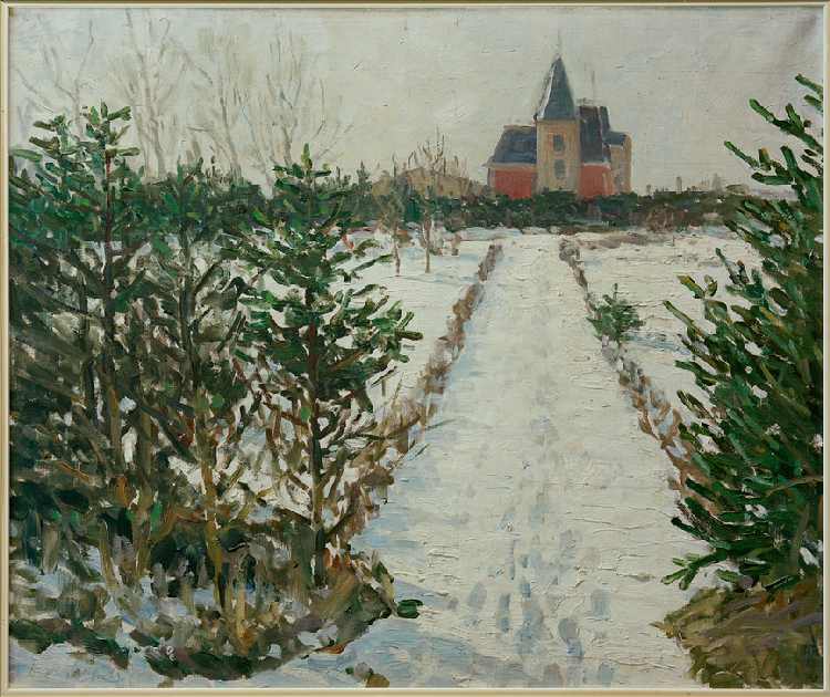 Snow-Covered Landscape with Castle / Church de Oskar Moll