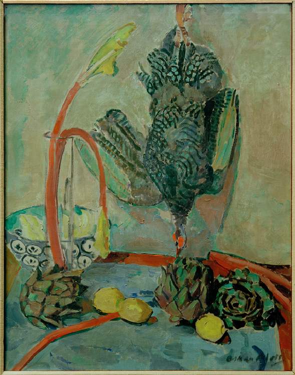Still life with guinea fowl and artichokes de Oskar Moll