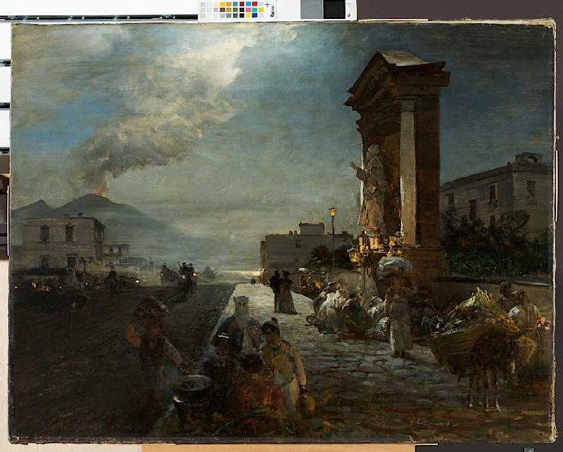 Die Via di Marinella in Neapel mit Blick auf den Vesuv bei heraufziehendem Gewitter de Oswald Achenbach