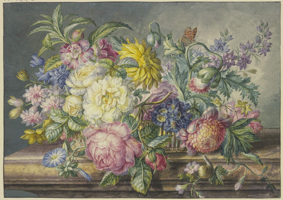 Blumenstrauß in einem Korb, dabei eine Schnecke und ein Schmetterling de Oswald Wijnen