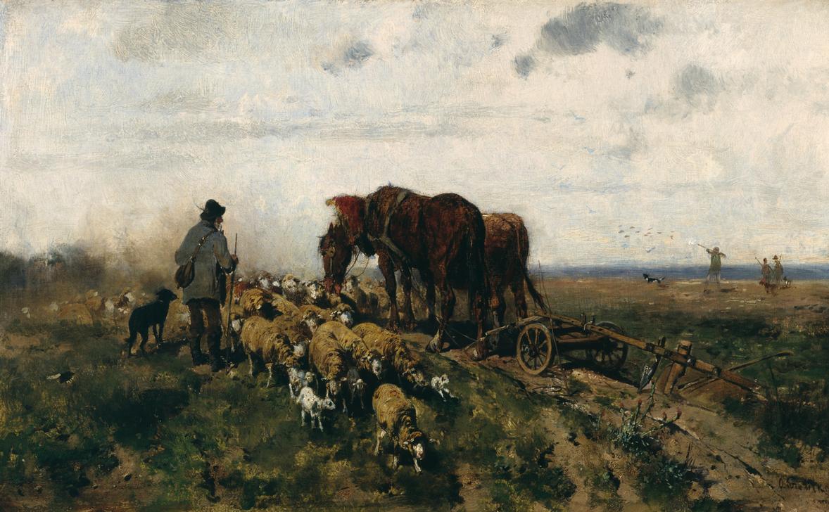 Schäfer mit seiner Herde neben einem von zwei Ackergäulen gezogenen Pflug de Otto Gebler