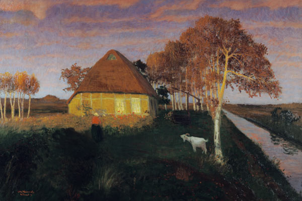 Bog cottage croft in the evening sunshine de Otto Modersohn
