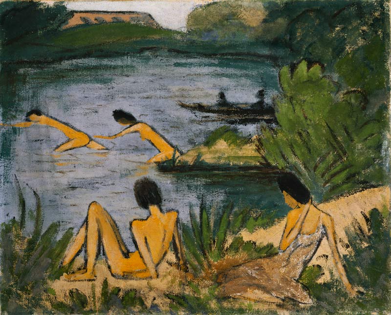 Girls taking a bath de Otto Mueller