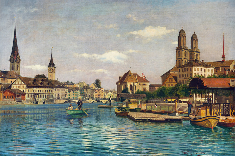 Zürich mit dem Limmat mit Blick auf die Fraumünsterkirche, St.Peter, das Helmhaus und Großmünster de Otto Pilny