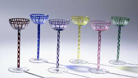 A group of wine glasses in various colours, c.1907