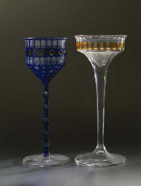 Crystal glass with blue stem and glass with faceted yellow stem, 1906