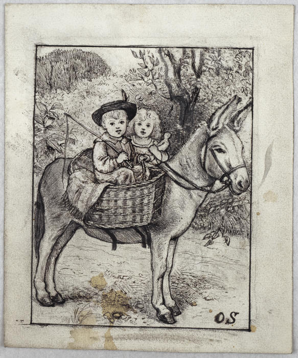 Ein Junge und ein Mädchen auf einem Esel de Otto Scholderer